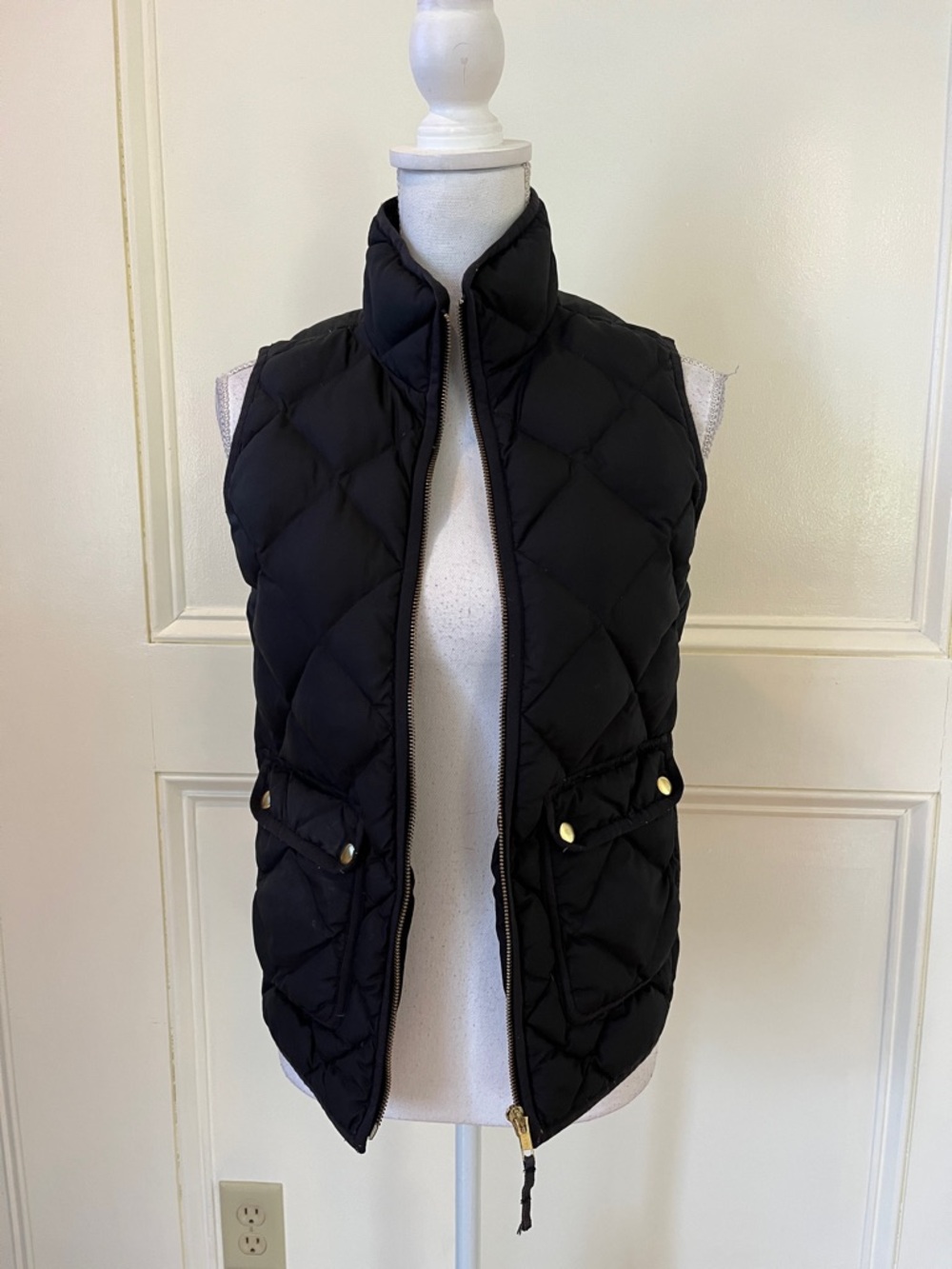 J. Crew Black Quilted Sleeveless Puffer Vest with Gold Accents
